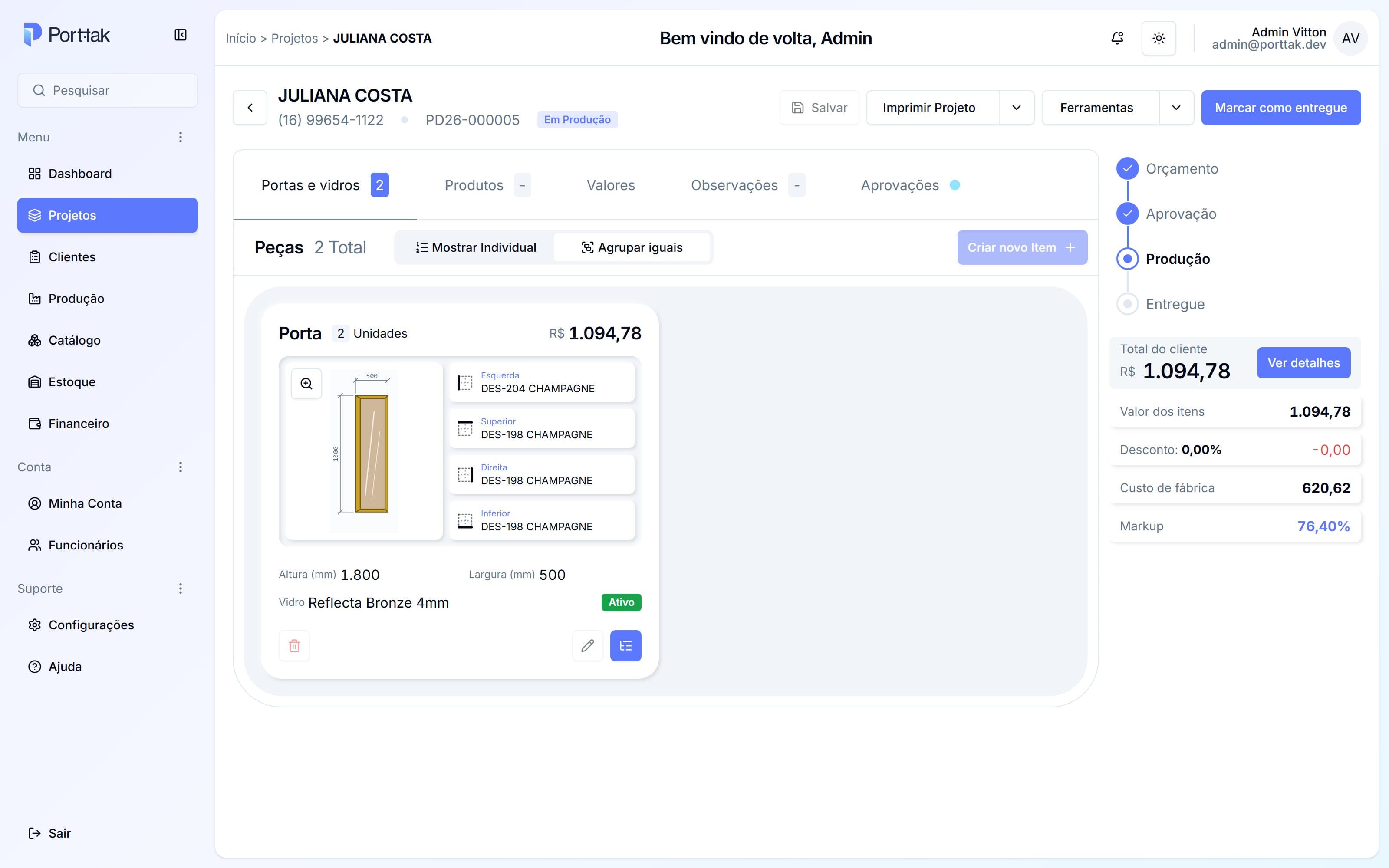 Projeto com peças, perfis de cada lado, linha do tempo e resumo de valores